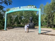 The Freedom Monument Sculpture Park on the Alabama River is the newest installation in the Equal Justice Initiatives educational and historic sites in Montgomery. The narrative park includes are and exhibits to tell the stories of the brutality faced by enslaved men, women, and children brought to Montgomery to be sold at auctions.