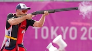 Vincent Hancock of the United States competes in men’s skeet at the Summer Olympics on July 26, 2021, at Asaka Shooting Range in Tokyo.