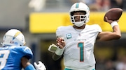 Miami Dolphins quarterback Tua Tagovailoa passes during an NFL game against the Los Angeles Chargers on Sept. 10, 2023, at SoFi Stadium in Inglewood, Calif.