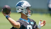 Carolina Panthers quarterback Bryce Young throws at the NFL football team's practice in Charlotte, N.C., Tuesday, June 11, 2024. (AP Photo/Nell Redmond)