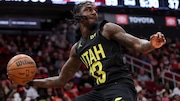 HOUSTON, TEXAS - MARCH 23: Kira Lewis Jr. #13 of the Utah Jazz saves a ball along the baseline in the second half against the Houston Rockets at Toyota Center on March 23, 2024 in Houston, Texas.  NOTE TO USER: User expressly acknowledges and agrees that, by downloading and or using this photograph, User is consenting to the terms and conditions of the Getty Images License Agreement. (Photo by Tim Warner/Getty Images)