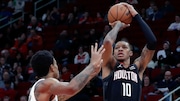 Houston Rockets forward Jabari Smith Jr. shoots during an NBA game against the Brooklyn Nets on Jan. 3, 2024, in Houston.