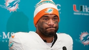 Miami Dolphins quarterback Tua Tagovailoa speaks at a news conference after an NFL wild-card playoff football game against the Kansas City Chiefs Saturday, Jan. 13, 2024, in Kansas City, Mo. (AP Photo/Ed Zurga)