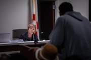 Leigh Gwathney, Chair of the Board of Pardons and Paroles, listens to an offender ask for a pardon during a hearing at the Alabama Bureau of Pardons and Paroles in Montgomery, Alabama, January 9, 2024. (Tamika Moore/AL.com) 