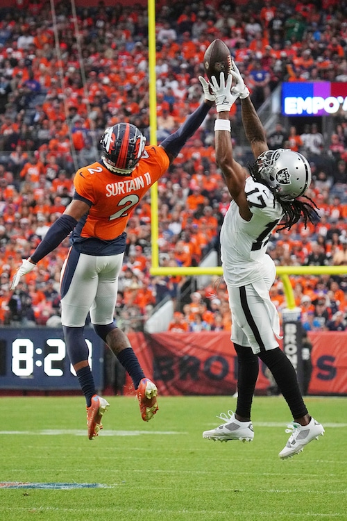 Denver Broncos cornerback Patrick Surtain II breaks up a pass to Las Vegas Raiders wide receiver Davante Adams