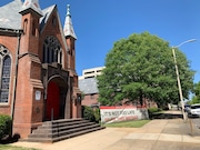 A banner calling attention to Toforest Johnson's case was installed this week outside of First Presbyterian Church in downtown Birmingham. (Contributed)