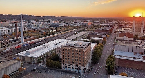 The Birmingham skyline at sunset, looking west from the roof of the Elyton Hotel downtown, on Dec. 21, 2021.