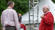 Radio broadcaster Eli Gold (right) with Alabama athletics director Greg Byrne during A-Day pregame in April 2021. (Ben Flanagan / AL.com)