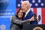 FILE - Vice President Kamala Harris embraces President Joe Biden after a speech on healthcare in Raleigh, N.C., March. 26, 2024. President Joe Biden dropped out of the 2024 race for the White House on Sunday, July 21, ending his bid for reelection following a disastrous debate with Donald Trump that raised doubts about his fitness for office just four months before the election. (AP Photo/Matt Kelley, File)