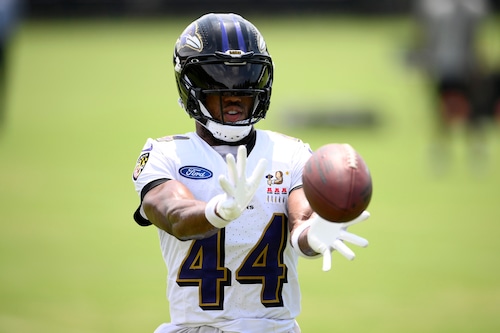 Baltimore Ravens cornerback Marlon Humphrey catches the football at training camp