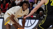 Buckhorn's Caleb Holt looks for an opening against Mountain Brook's Jack Bakken during the AHSAA Class 6A boys championship at BJCC Legacy Arena in Birmingham, Ala., Saturday, March 2, 2024. (Dennis Victory | preps@al.com)