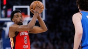 New Orleans Pelicans forward Herbert Jones (5) looks to pass the ball as Oklahoma City Thunder guard Josh Giddey defends during the second half in Game 2 of an NBA basketball first-round playoff series Wednesday, April 24, 2024, in Oklahoma City. (AP Photo/Nate Billings)