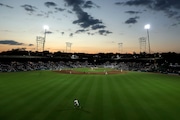 San Francisco Giants' Heliot Ramos (17) runs to field a ball hit by the St. Louis Cardinals during the fifth inning of a baseball game at Rickwood Field in Birmingham, Ala., Thursday, June 20, 2024. (Carlos Avila Gonzalez/San Francisco Chronicle via AP) AP