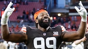 Cleveland Browns defensive end Za'Darius Smith (99) walks off the field after an NFL football game against the Jacksonville Jaguars, Sunday, Dec. 10, 2023, in Cleveland. (AP Photo/Ron Schwane)