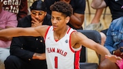 Kiyan Anthony, son of Carmelo Anthony (watching from behind), plays ball for his dad’s Team Melo against Mokan Basketball Nike EYBL Peach Jam in North Augusta, GA Friday, July 7, 2023.   N. Scott Trimble | strimble@syracuse.com