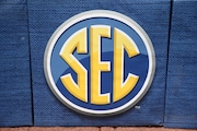 HOOVER, AL - MAY 25: A general view of the Southeastern Conference logo on the field at the 2023 SEC Baseball Tournament game between the Texas A&M Aggies and the South Carolina Gamecocks on May 25, 2023 at Hoover Metropolitan Stadium in Hoover, Alabama.  (Photo by Michael Wade/Icon Sportswire via Getty Images)