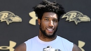 Baltimore Ravens cornerback Marlon Humphrey (44) speaks to the media after an NFL football training camp practice, Tuesday, July 23, 2024, in Owings Mills, Md. (AP Photo/Nick Wass)