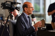 Sports television and radio personality Paul Finebaum speaks during Southeastern Conference NCAA college football media days Monday, July 15, 2024, in Dallas. (AP Photo/Jeffrey McWhorter)