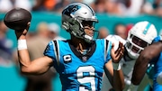 Carolina Panthers quarterback Bryce Young passes during an NFL game against the Miami Dolphins on Sunday, Oct. 15, 2023, at Hard Rock Stadium in Miami Gardens, Fla.