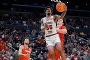 Alabama guard Aaron Estrada shoots past Clemson forward Ian Schieffelin, right, during the first half of an Elite 8 college basketball game in the NCAA tournament Saturday, March 30, 2024, in Los Angeles. (AP Photo/Ryan Sun)