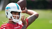 Miami Dolphins quarterback Tua Tagovailoa passes at practice on Tuesday, June 4, 2024, in Miami Gardens, Fla.