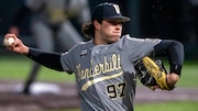 Vanderbilt pitcher Bryce Cunningham delivers to the plate against Evansville on Feb. 23, 2022, in Nashville, Tenn.