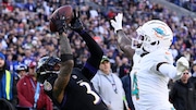 Baltimore Ravens wide receiver Odell Beckham Jr. catches a touchdown pass during an NFL game against the Miami Dolphins on Dec. 31, 2023, at M&T Bank Stadium in Baltimore.