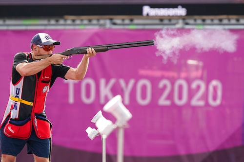 Vincent Hancock of the United States competes in men’s skeet at the Summer Olympics