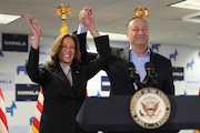 Vice President Kamala Harris, left, and second gentleman Doug Emhoff address staff at her campaign headquarters in Wilmington, Del., Monday, July 22, 2024. (Erin Schaff/The New York Times via AP, Pool)