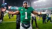 Philadelphia Eagles quarterback Jalen Hurts celebrates after scoring the game winning touchdown against the Buffalo Bills during overtime in an NFL football game Sunday, Nov. 26, 2023, in Philadelphia. (AP Photo/Matt Slocum)